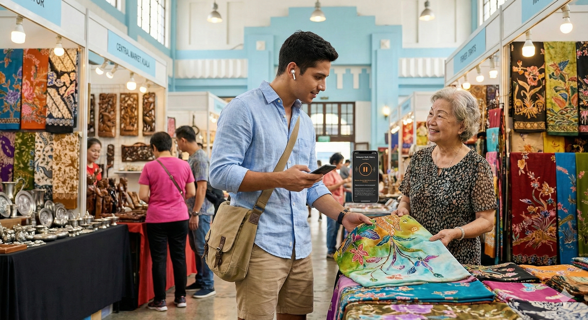 Self-guided audio tour of Kuala Lumpur's Central Market by Uvamai Niche Tourism, showing vibrant market stalls and visitors.