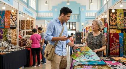 Self-guided audio tour of Kuala Lumpur's Central Market by Uvamai Niche Tourism, showing vibrant market stalls and visitors.