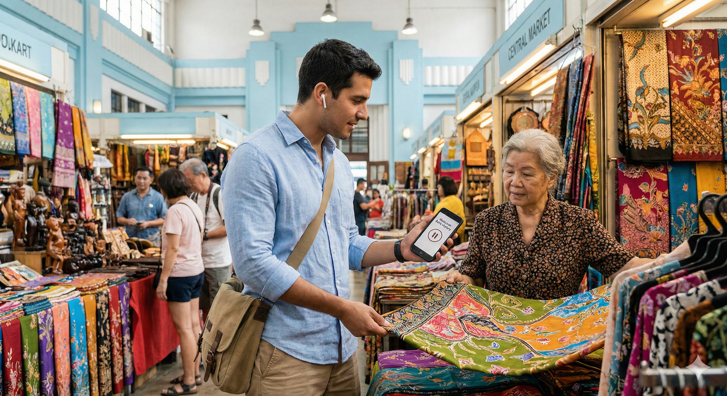 Audio tour device with headphones for Kuala Lumpur Central Market, featuring guided narration by Uvamai Niche Tourism.