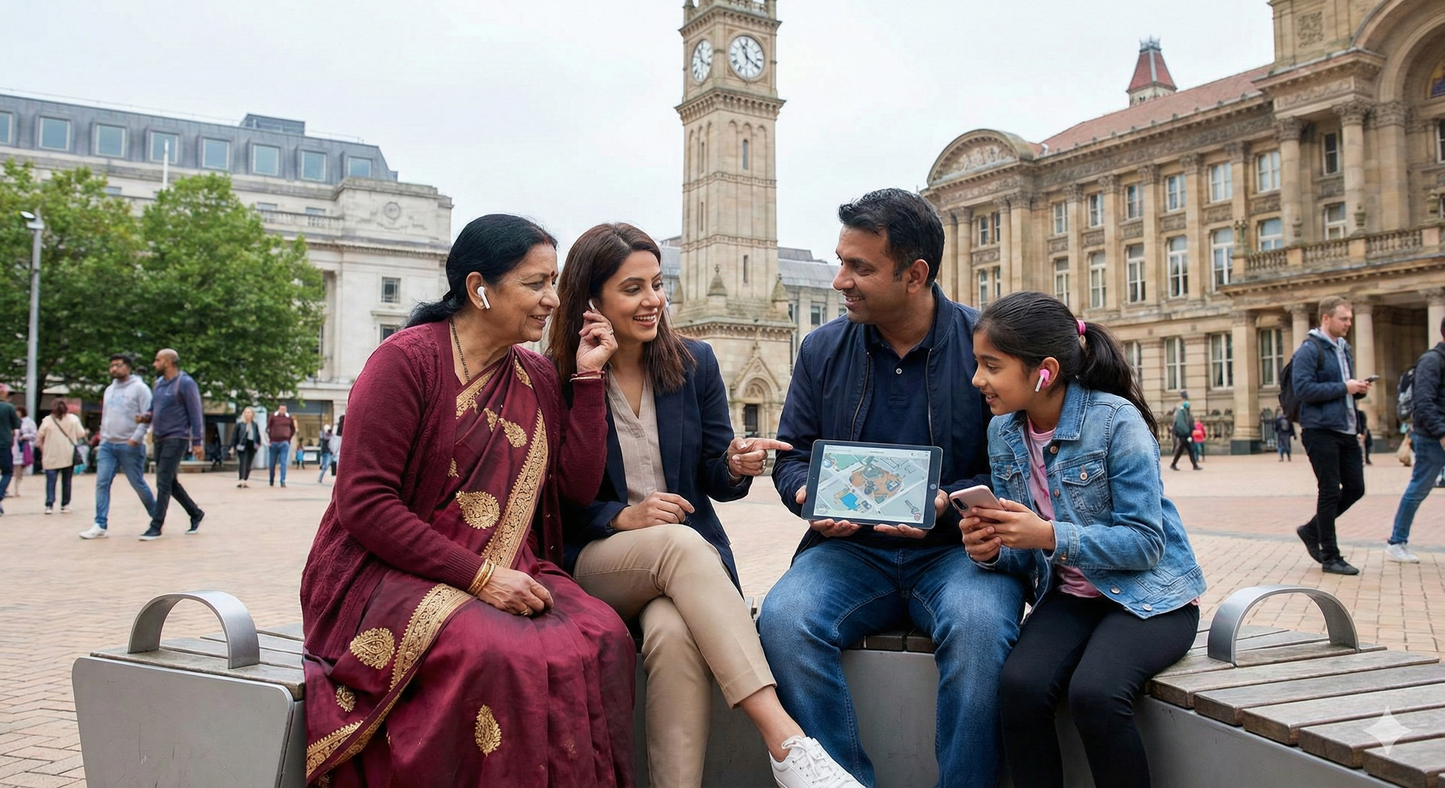 Self-guided audio tour of Birmingham's Chamberlain Square by Uvamai Niche Tourism, featuring historic landmarks and city views.