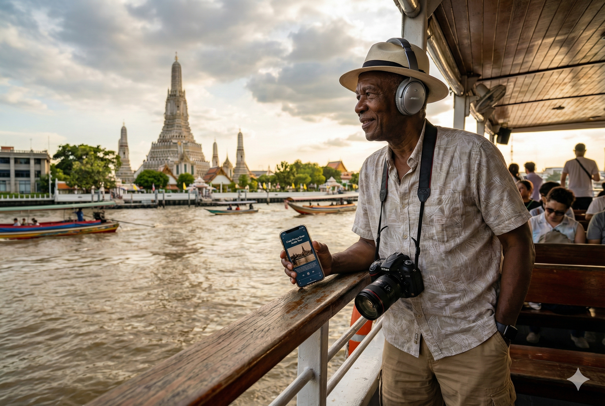 View of the Chaophraya River with ferry boats, part of the Bangkok Self-Guided Audio Tour by Uvamai Niche Tourism.