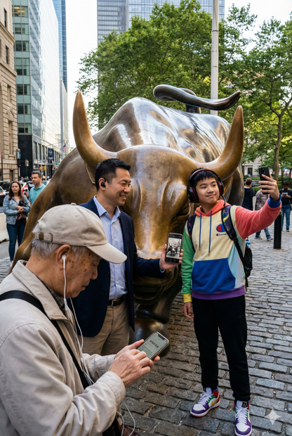 Charging bull sculpture on Wall Street in New York City, part of Uvamai Niche Tourism's self-guided audio tour.