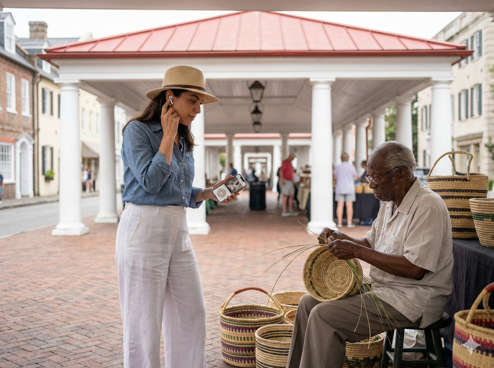 Self-guided audio tour of Charleston City Market by Uvamai Niche Tourism, featuring images of market stalls and historic architecture.