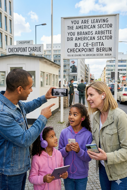 Self-guided audio tour image featuring Checkpoint Charlie in Berlin, with Uvamai Niche Tourism branding.
