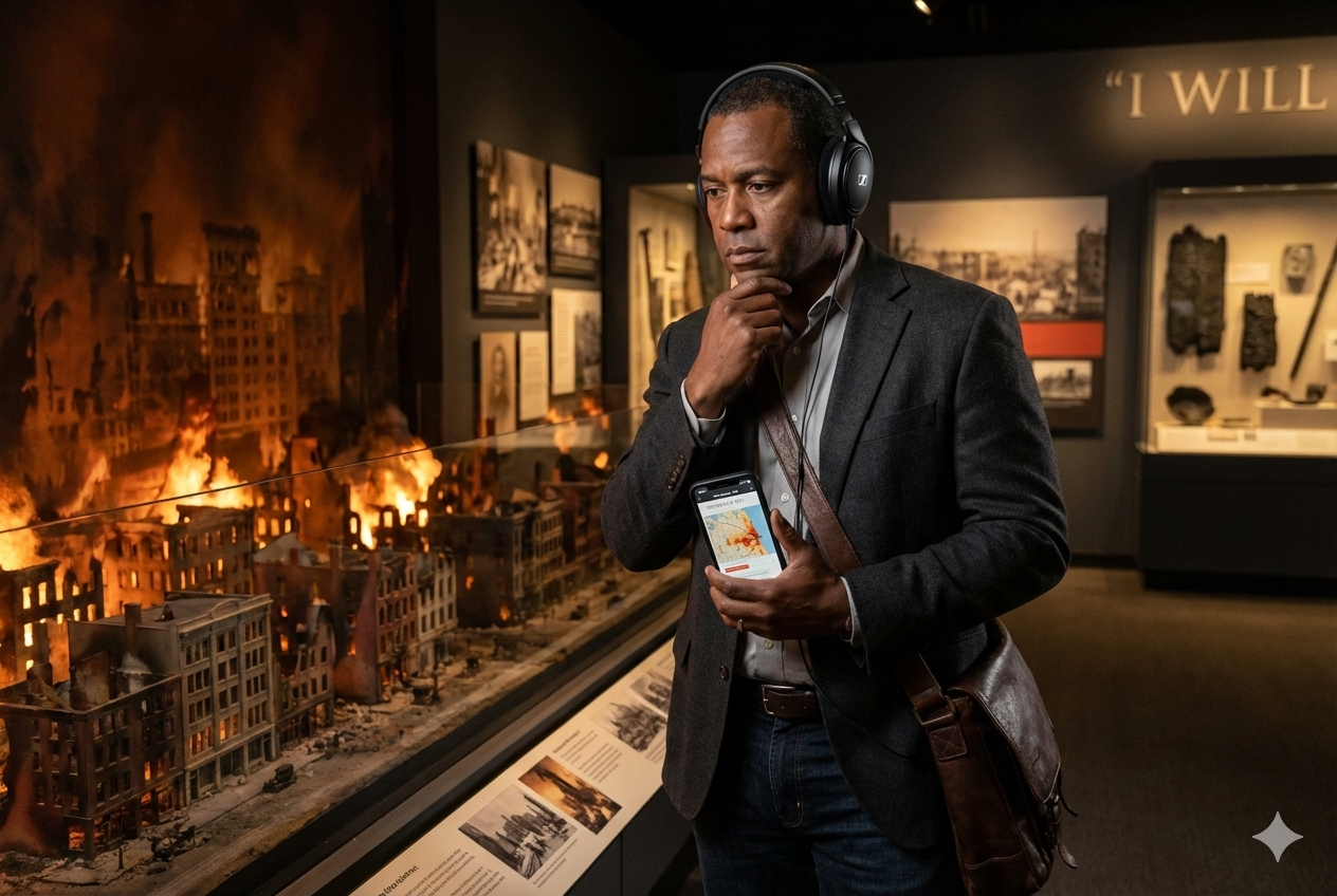 Chicago Self-Guided Audio Tour by Uvamai Niche Tourism, image of Chicago History Museum with tour branding and signage.