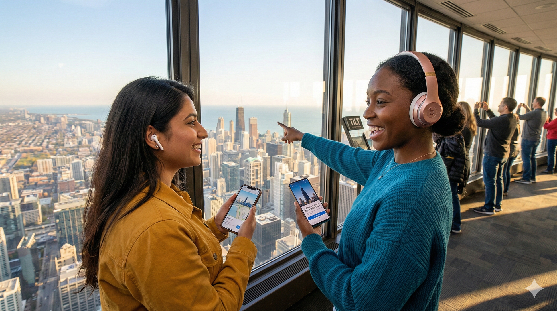 Audio tour guide for Chicago Observation Deck by Uvamai Niche Tourism, featuring a view from the observation deck.