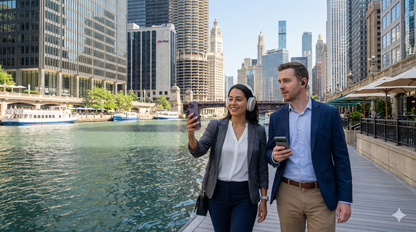 Chicago self-guided audio tour by Uvamai Niche Tourism featuring Chicago Riverwalk scenery and landmarks.
