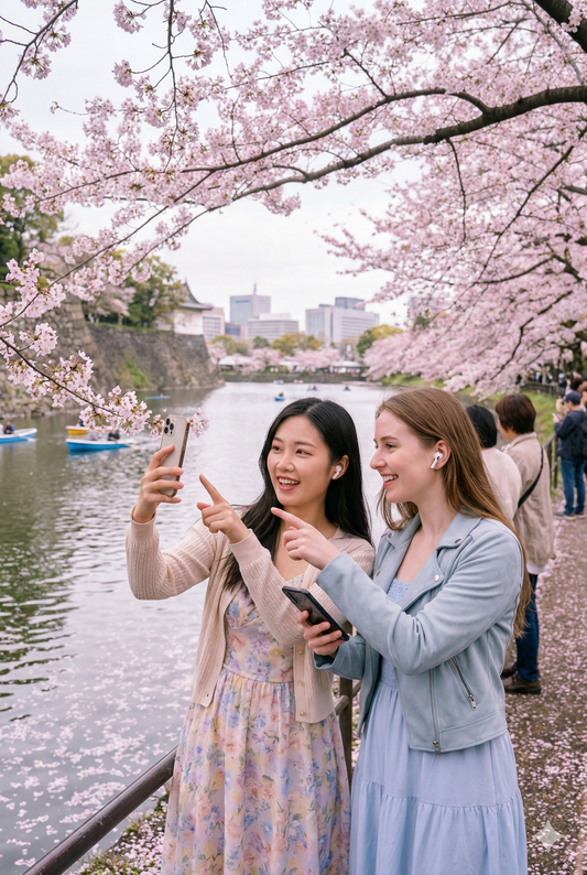 Chidorigafuchi Tokyo self-guided audio tour headset and smartphone setup by Uvamai Niche Tourism.