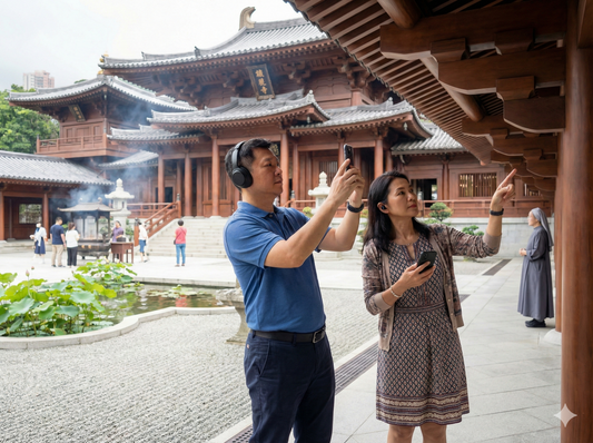 Self-guided audio tour device for Hong Kong by Uvamai Niche Tourism, with a sleek design and audio controls visible in the image.
