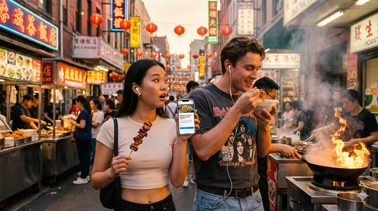 Chinatown street food market in Bangkok with vibrant night lights, featuring food stalls and busy shoppers.