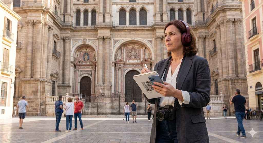 Audio guide for Malaga's Church of Santiago by Uvamai Niche Tourism, featuring detailed images of the historic church interior and exterior.