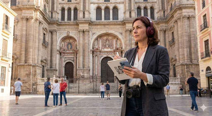 Audio guide for Malaga's Church of Santiago by Uvamai Niche Tourism, featuring detailed images of the historic church interior and exterior.