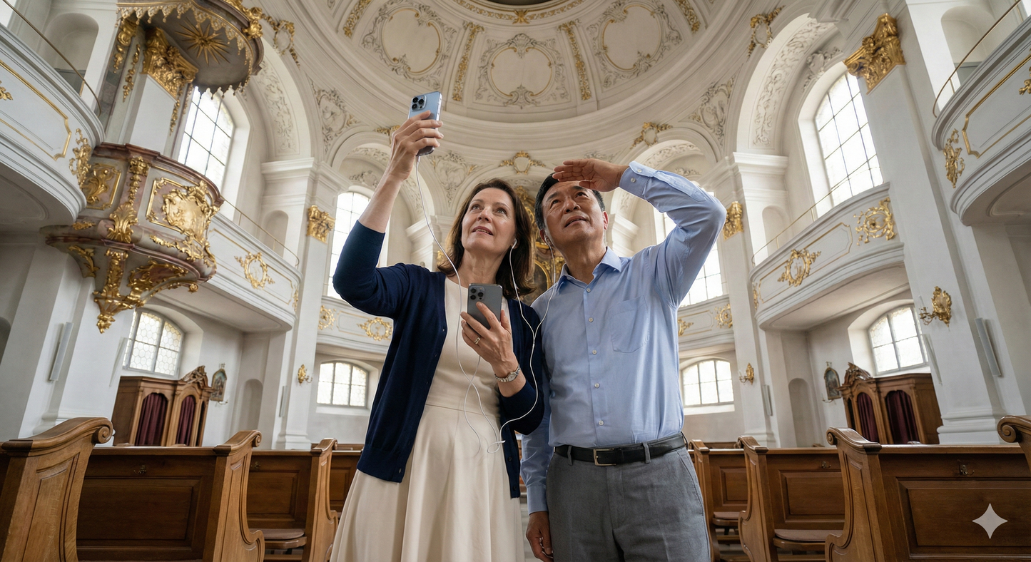Self-guided audio tour by Uvamai Niche Tourism at the Church of the Holy Ghost, featuring historical architecture and religious artwork.