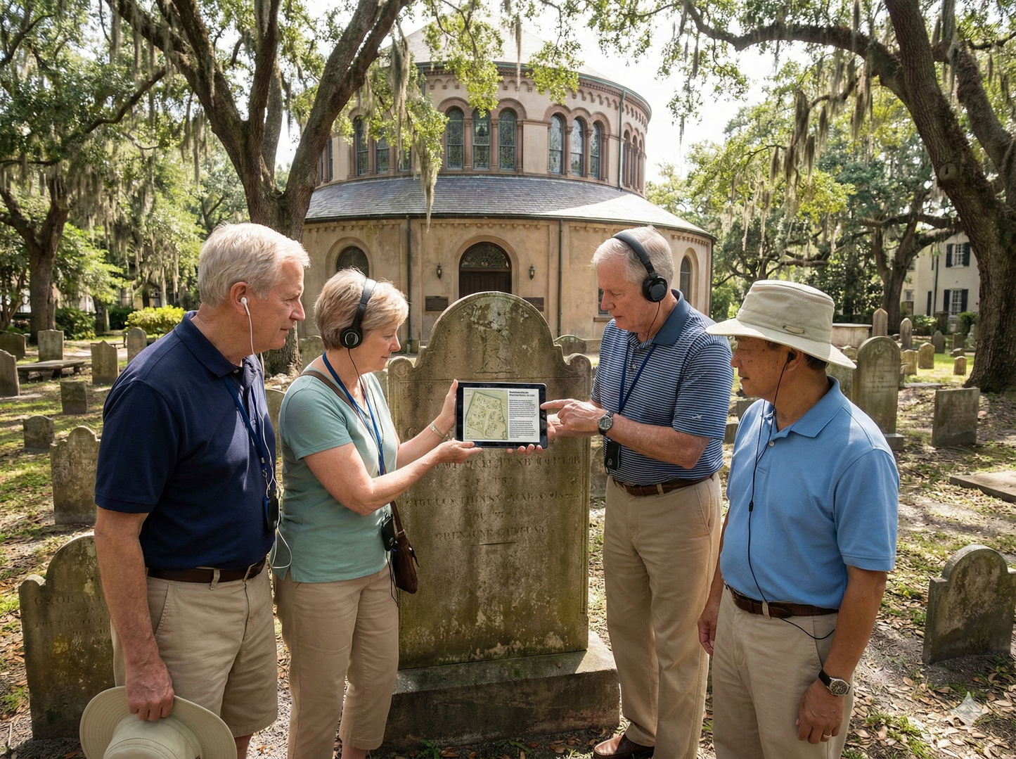 Audio tour device playing a Charleston self-guided audio tour by Uvamai Niche Tourism, featuring circular congregational church.