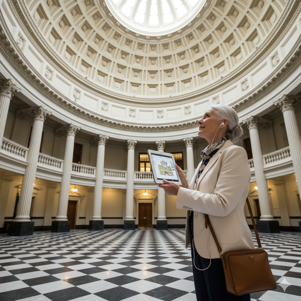Self-guided audio tour of Dublin city hall by Uvamai Niche Tourism, featuring exterior view of historic city hall building.
