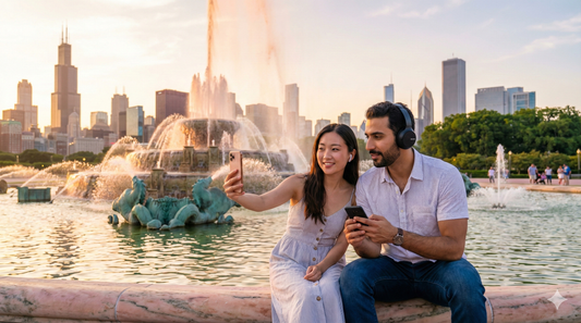 Self-guided audio tour device from Uvamai Niche Tourism featuring Clarence F. Buckingham Fountain in Chicago.