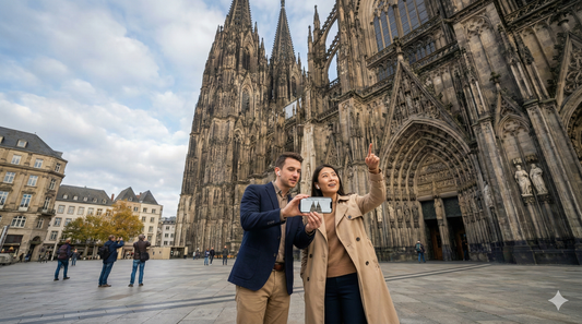 Self-guided audio tour for Cologne Cathedral by Uvamai Niche Tourism, featuring detailed views of the iconic Cologne Cathedral exterior.