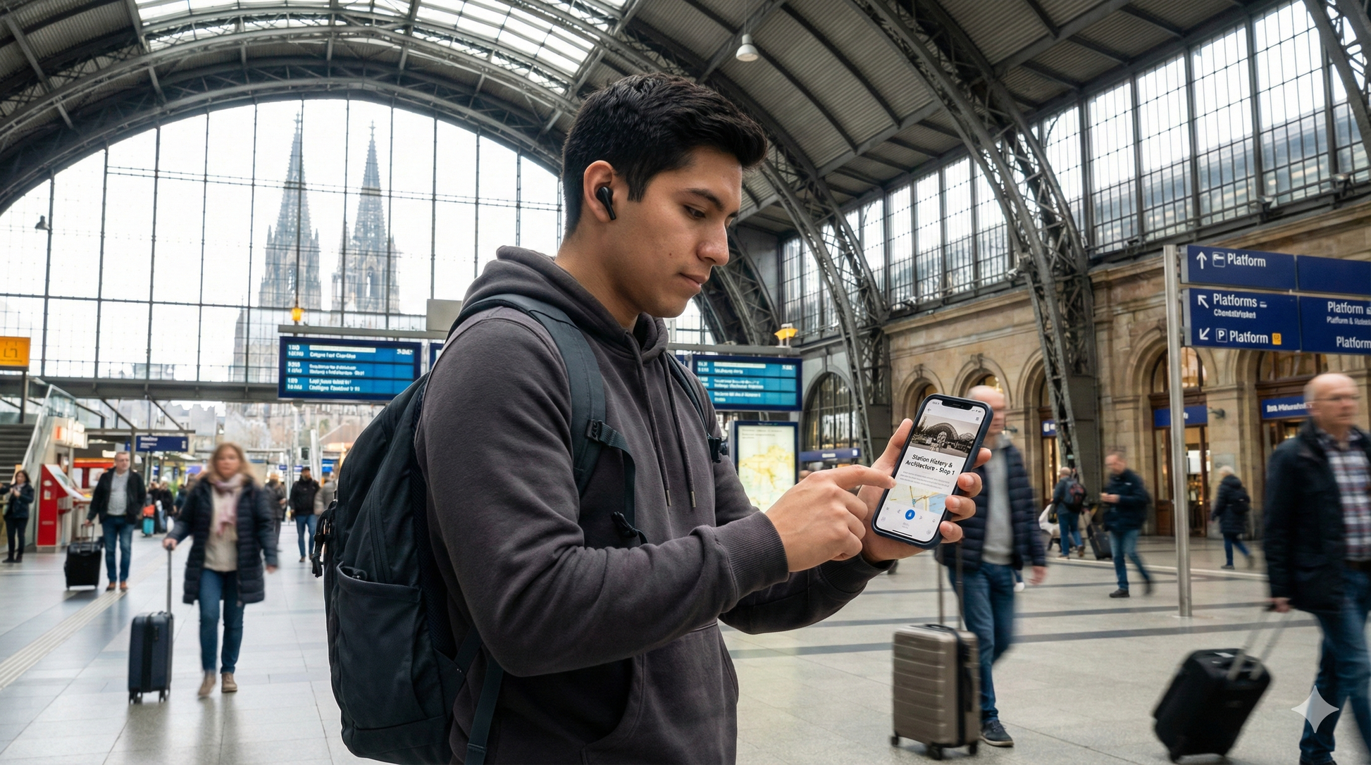 Self-guided audio tour of Cologne Central Station by Uvamai Niche Tourism, featuring historical architecture and station interior.