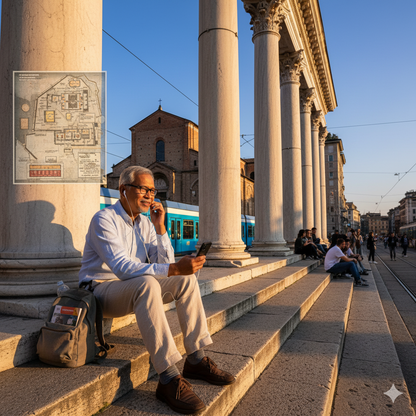 Audio guide device for Milan self-guided tour by Uvamai Niche Tourism, showing headphones and tour interface on a digital screen.