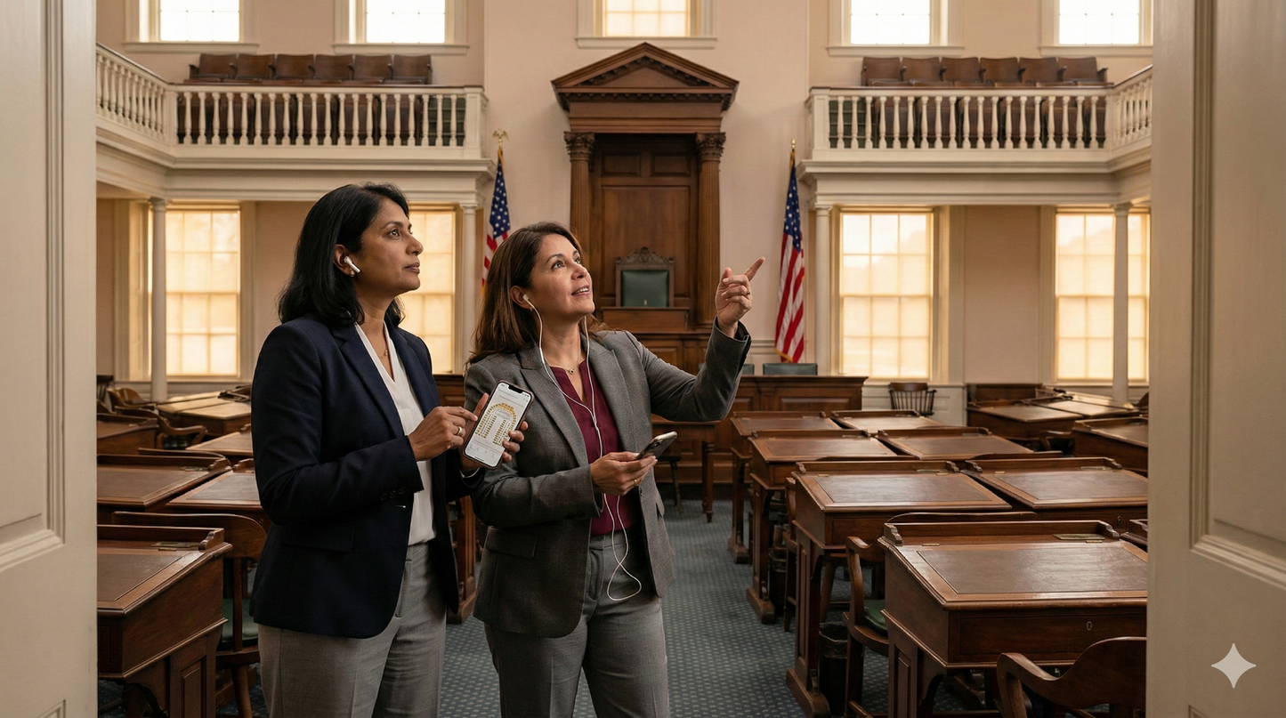 Audio tour guide device featuring Congress Hall from Uvamai Niche Tourism for Philadelphia self-guided sightseeing experience.