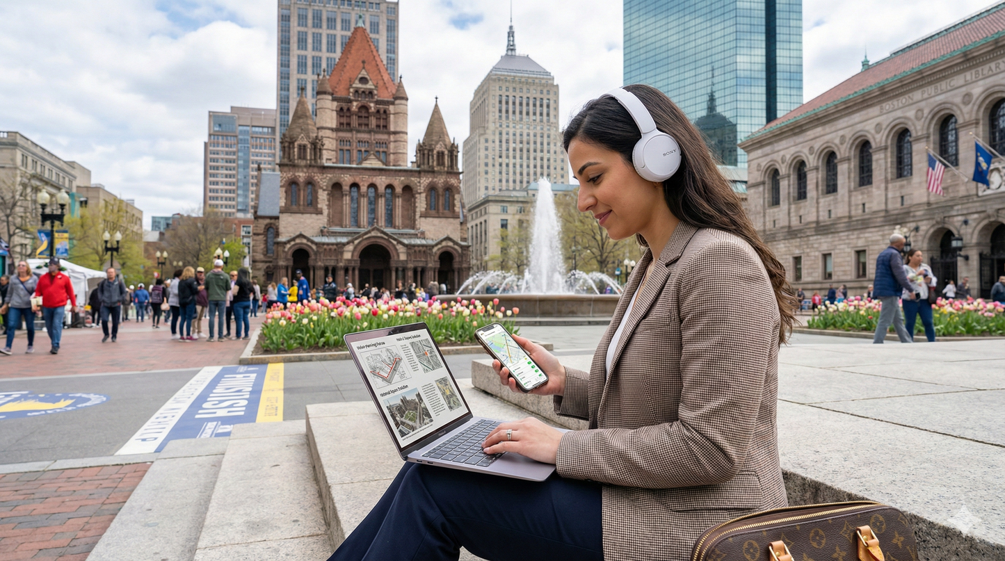 Audio guide device for the Boston Self-Guided Audio Tour by Uvamai Niche Tourism, featuring a listening interface with tour information.
