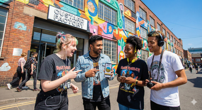 Self-guided audio tour of Birmingham's Custard Factory by Uvamai Niche Tourism, featuring historic industrial buildings and vibrant street art.