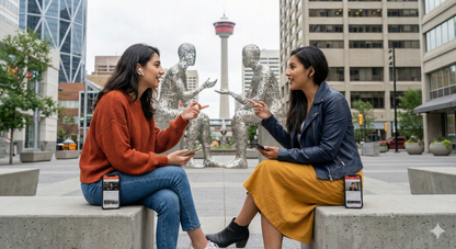 Conversation sculpture from Uvamai Niche Tourism's Calgary self-guided audio tour, featuring detailed artistic design.