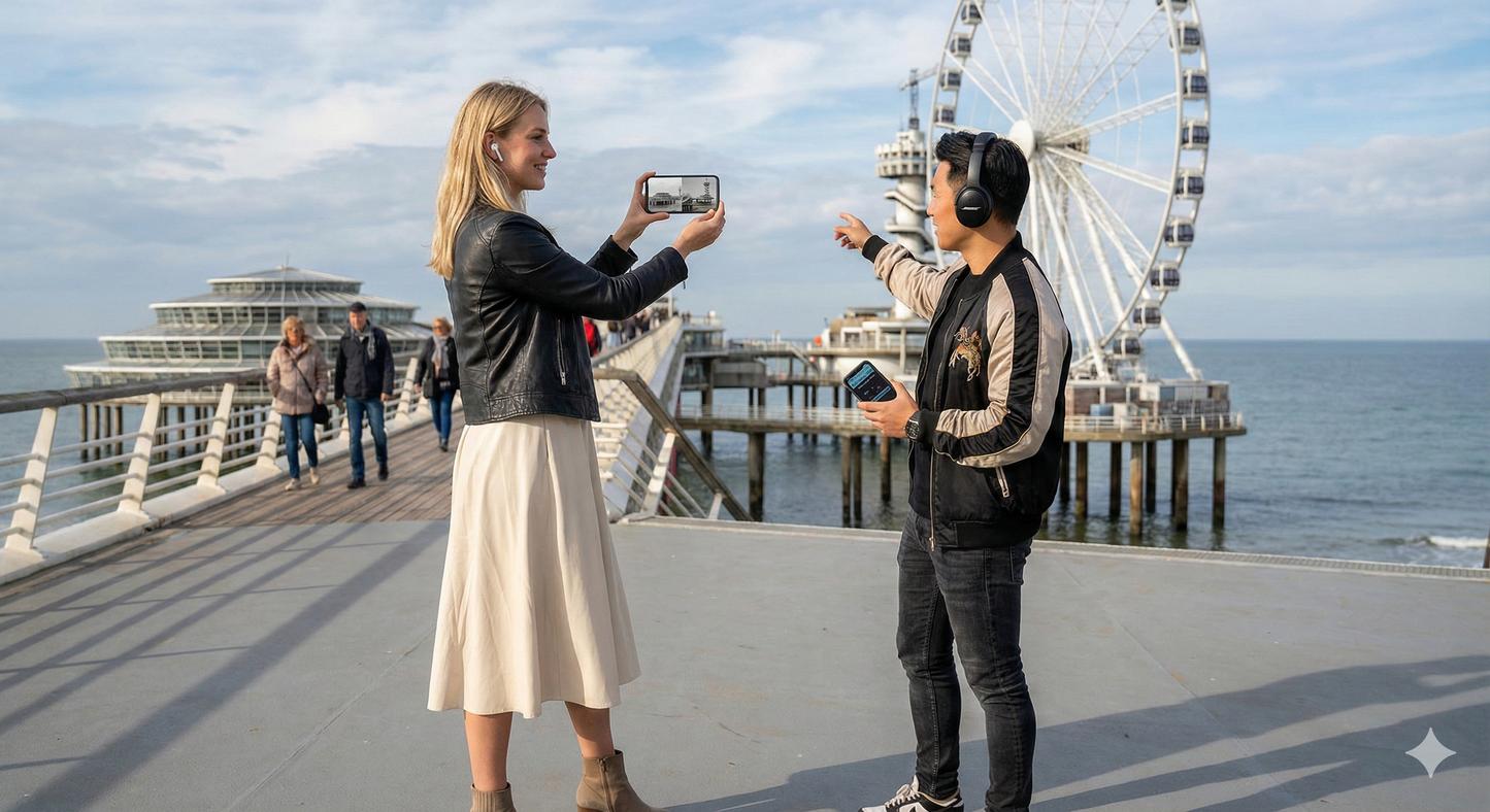 Audio tour device featuring the Hague self-guided tour by Uvamai Niche Tourism with earphones and tour controls.