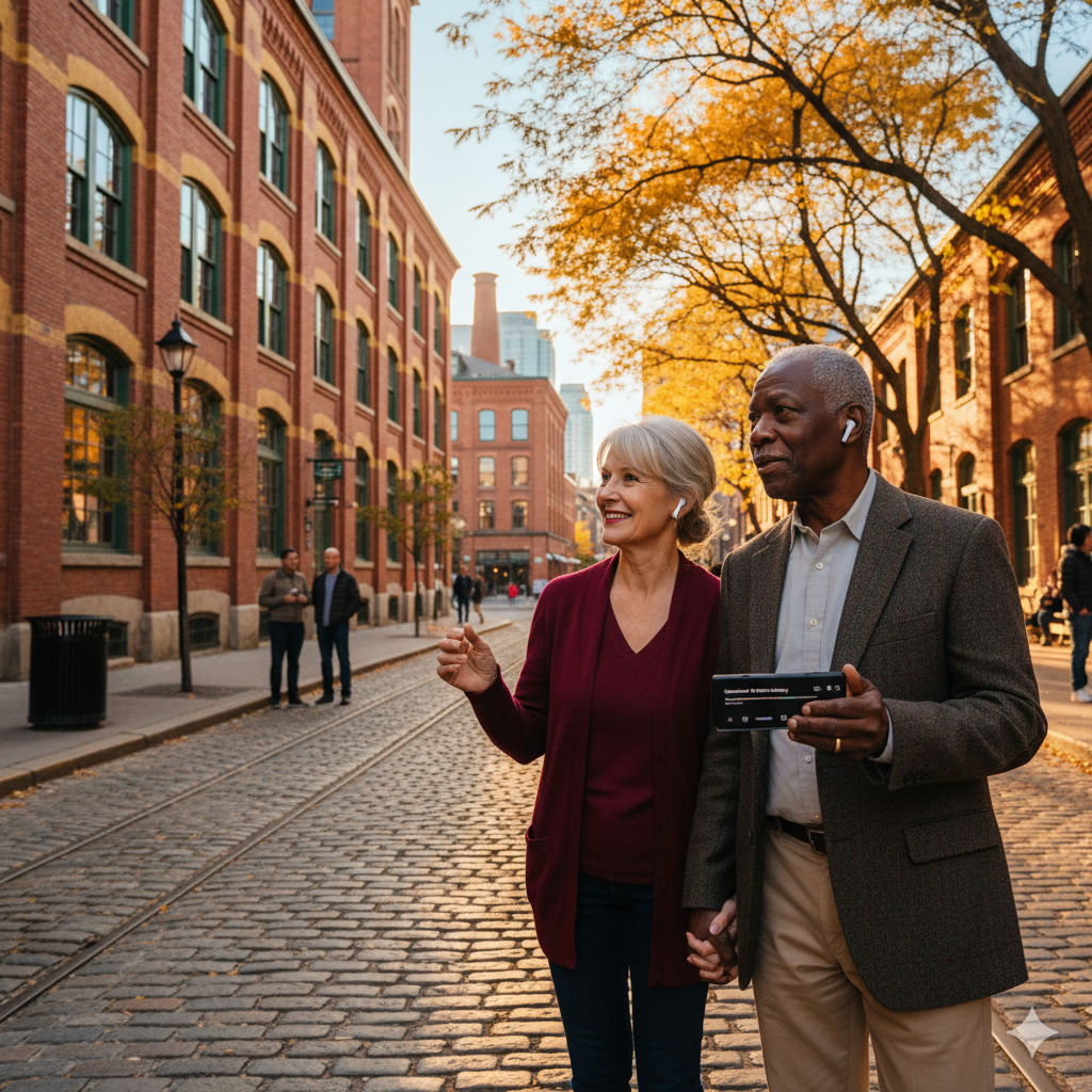 Historic distillery district in Toronto with a self-guided audio tour by Uvamai Niche Tourism, showing historic buildings and cobblestone streets.