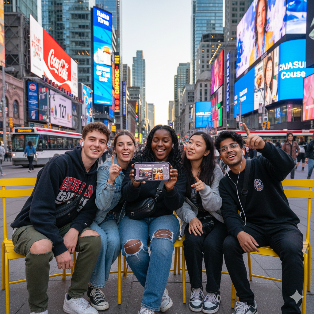 Self-guided audio tour of Dundas Square in Toronto by Uvamai Niche Tourism, featuring vibrant cityscape and bustling urban scene.