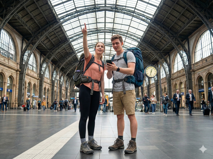Audio guide for Düsseldorf Central Station self-guided tour by Uvamai Niche Tourism, showing the main train station building.