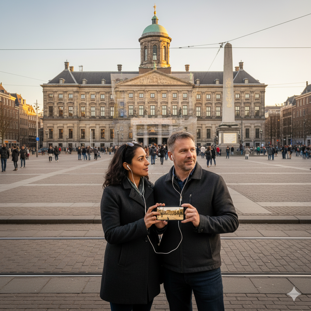 Self-guided audio tour of Dam Square in Amsterdam by Uvamai Niche Tourism, showing historic square with buildings and visitors.