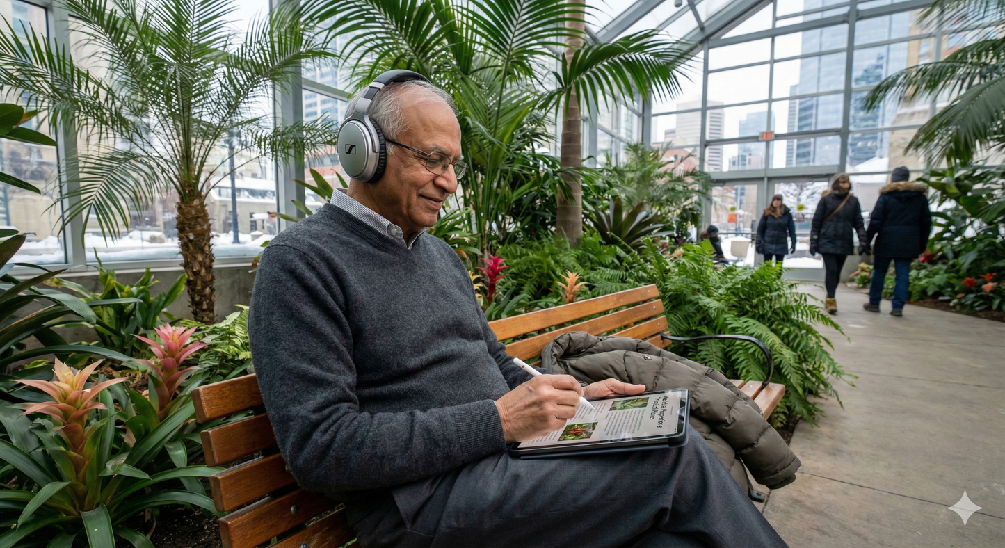 Winter scene at Devonian Gardens with visitors enjoying the Calgary Self-Guided Audio Tour by Uvamai Niche Tourism.