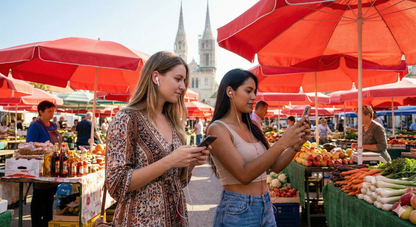 Uvamai Niche Tourism Zagreb self-guided audio tour at Dolac Market, showcasing the vibrant outdoor market scene.