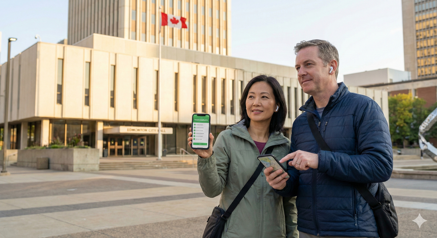 Self-guided audio tour of Edmonton City Hall showcasing municipal governance, provided by Uvamai Niche Tourism.
