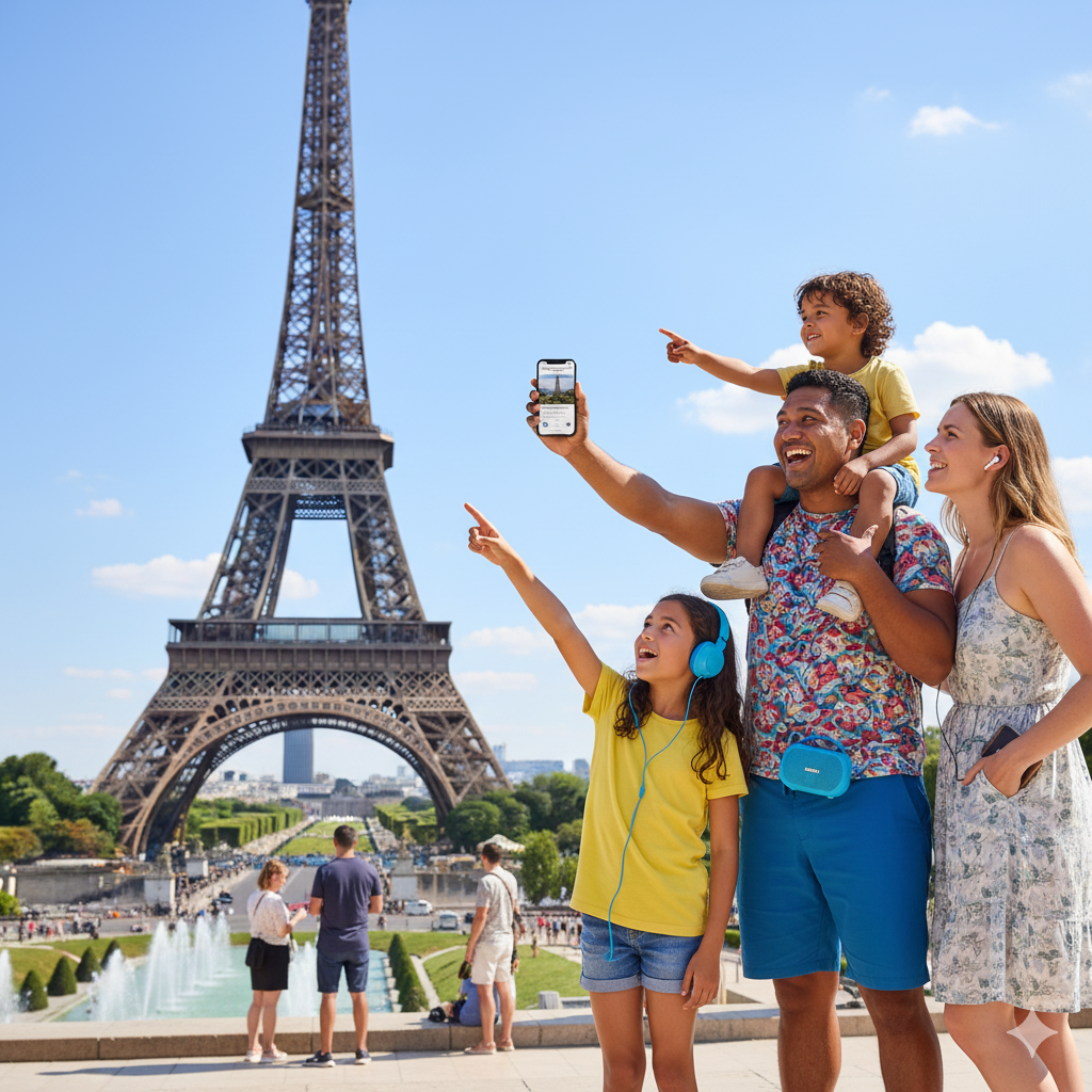 Eiffel Tower with Uvamai Niche Tourism Paris self-guided audio tour logo on image background.