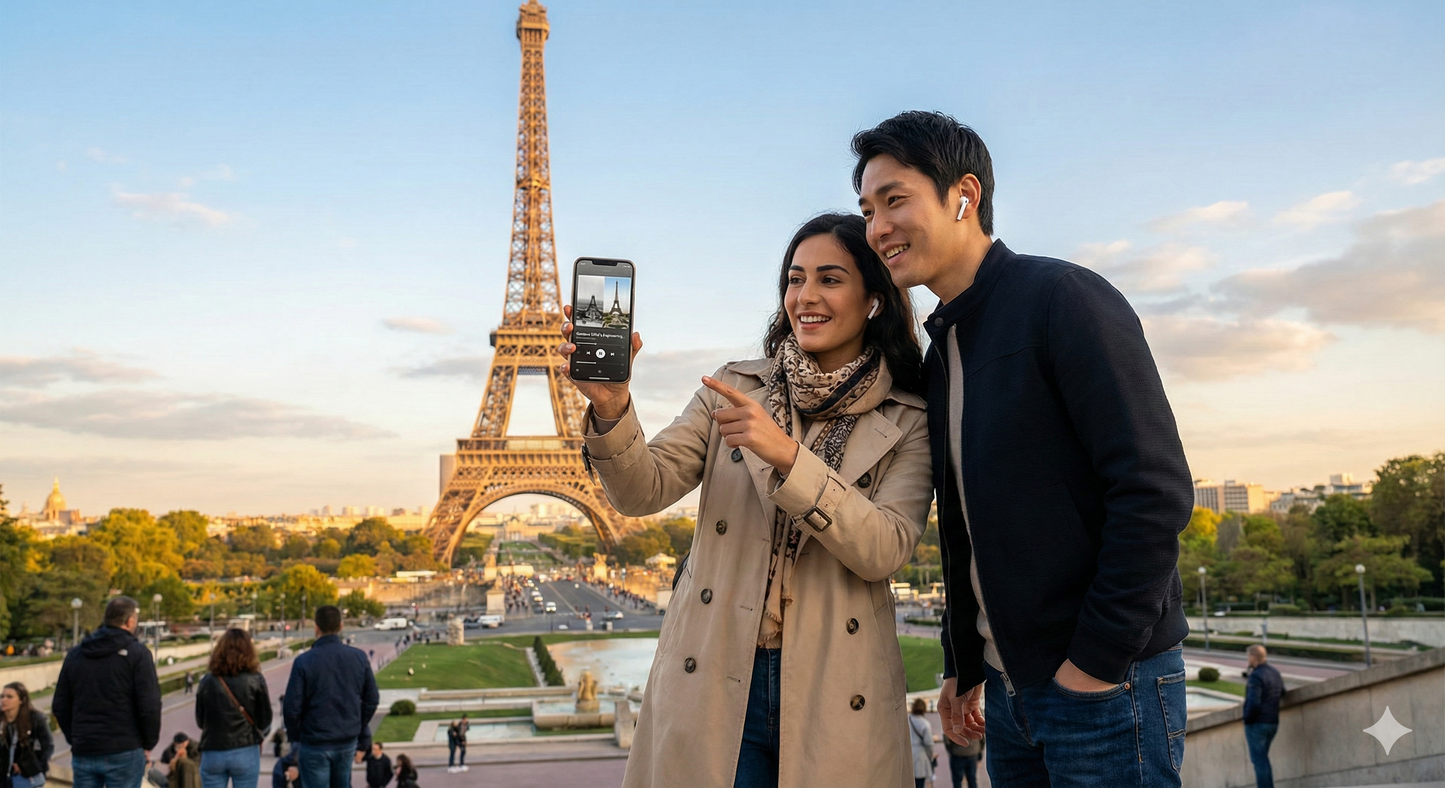 Eiffel Tower with the Uvamai Niche Tourism Paris Self-Guided Audio Tour logo on a smartphone screen.