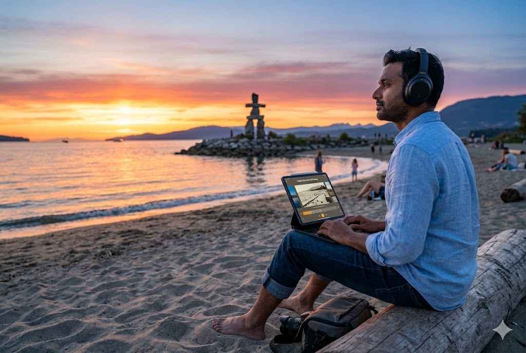 Self-guided audio tour of Vancouver's English Bay Beach featuring sunset and serene seaside views, by Uvamai Niche Tourism.