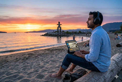 Self-guided audio tour of Vancouver's English Bay Beach featuring sunset and serene seaside views, by Uvamai Niche Tourism.
