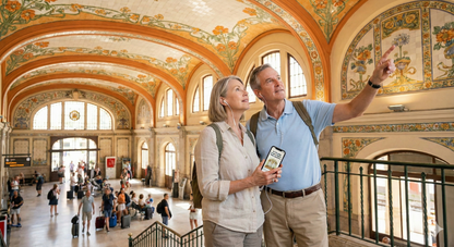 Self-guided audio tour of Valencia's North Station featuring scenic views and historic architecture by Uvamai Niche Tourism.