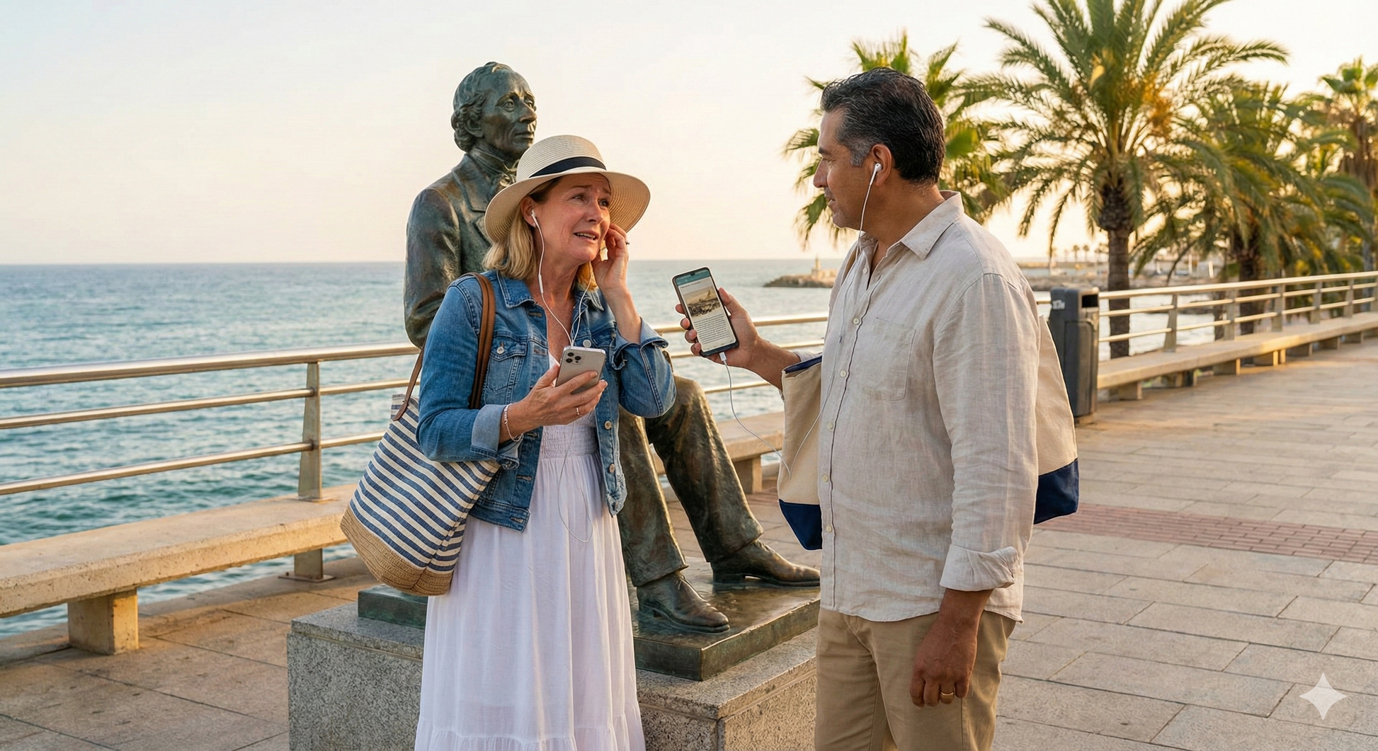 Self-guided audio tour of Malaga by Uvamai Niche Tourism featuring an image of the Christian Andersen statue.