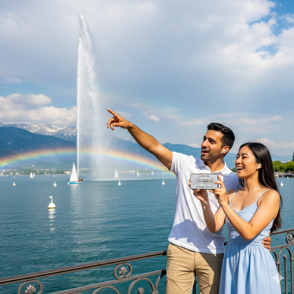 Uvamai Niche Tourism Geneva Self-Guided Audio Tour featuring iconic water fountain in Geneva, Switzerland.
