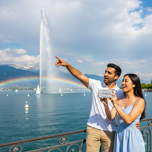 Uvamai Niche Tourism Geneva Self-Guided Audio Tour featuring iconic water fountain in Geneva, Switzerland.