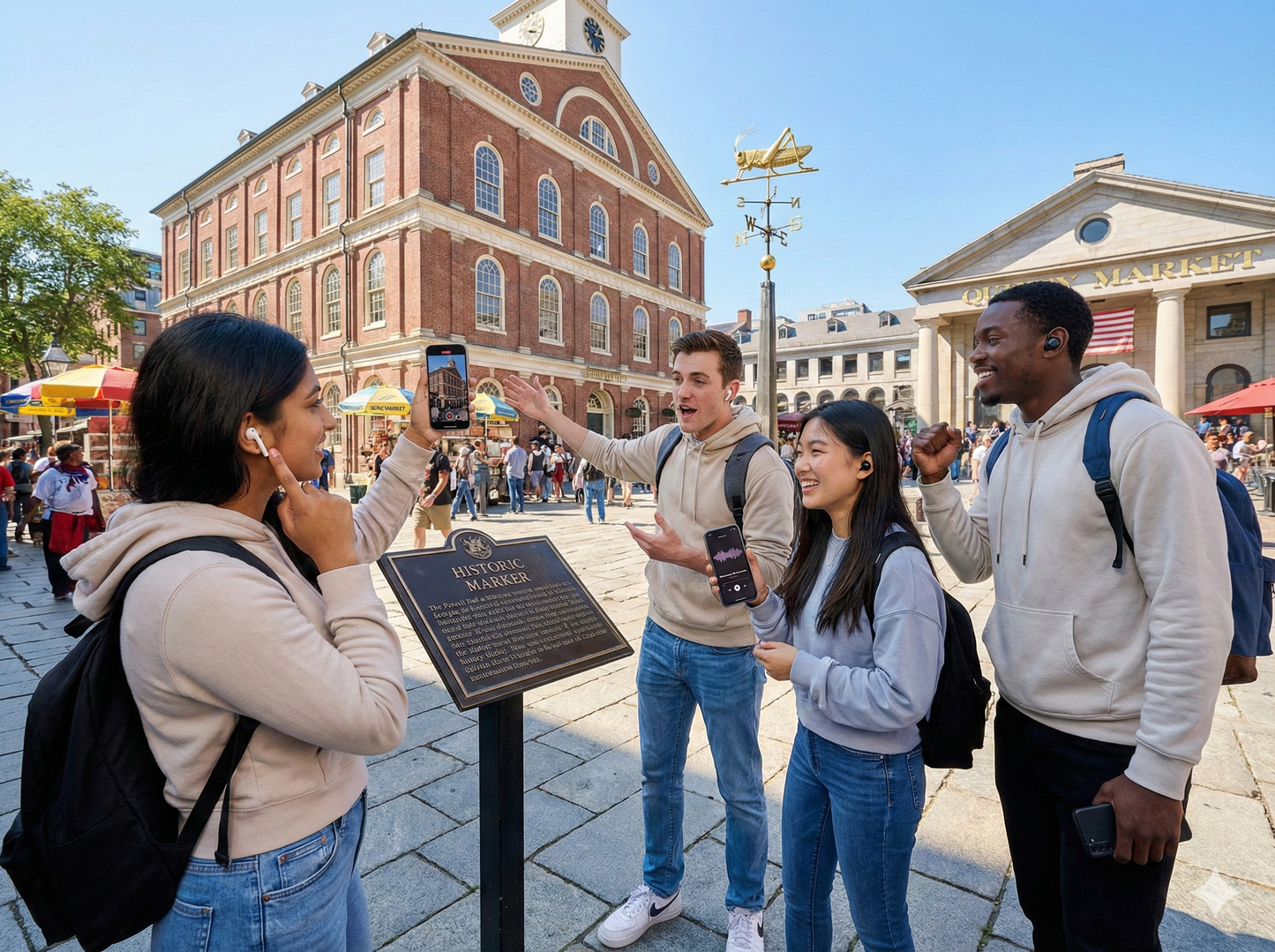 Self-guided audio tour of Faneuil Hall Marketplace by Uvamai Niche Tourism, featuring historic marketplace scenes and architecture.