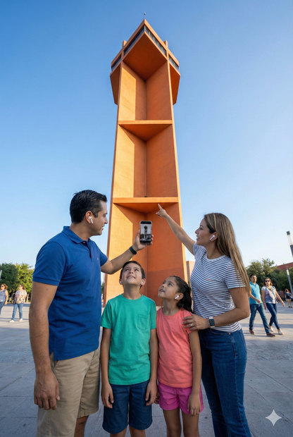 Self-guided audio tour of Faro de Comercio lighthouse in Monterrey by Uvamai Niche Tourism, featuring the iconic lighthouse at sunset.