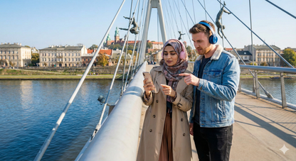 Audio tour device featuring Krakow landmarks, branded by Uvamai Niche Tourism, with a focus on Father Bernatek Footbridge.