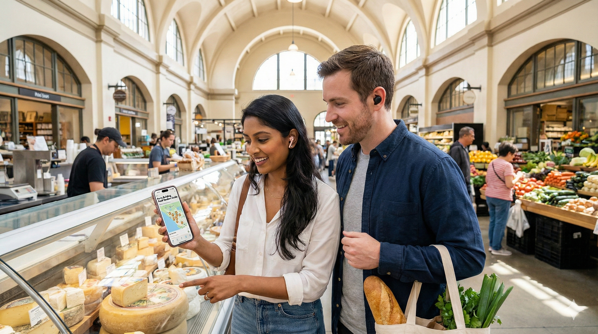 Self-guided audio tour of San Francisco's Ferry Building Marketplace by Uvamai Niche Tourism, featuring historic buildings and vibrant market stalls.
