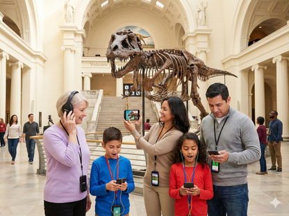 Self-guided Chicago audio tour by Uvamai Niche Tourism, featuring the Field Museum exhibit and museum interior.