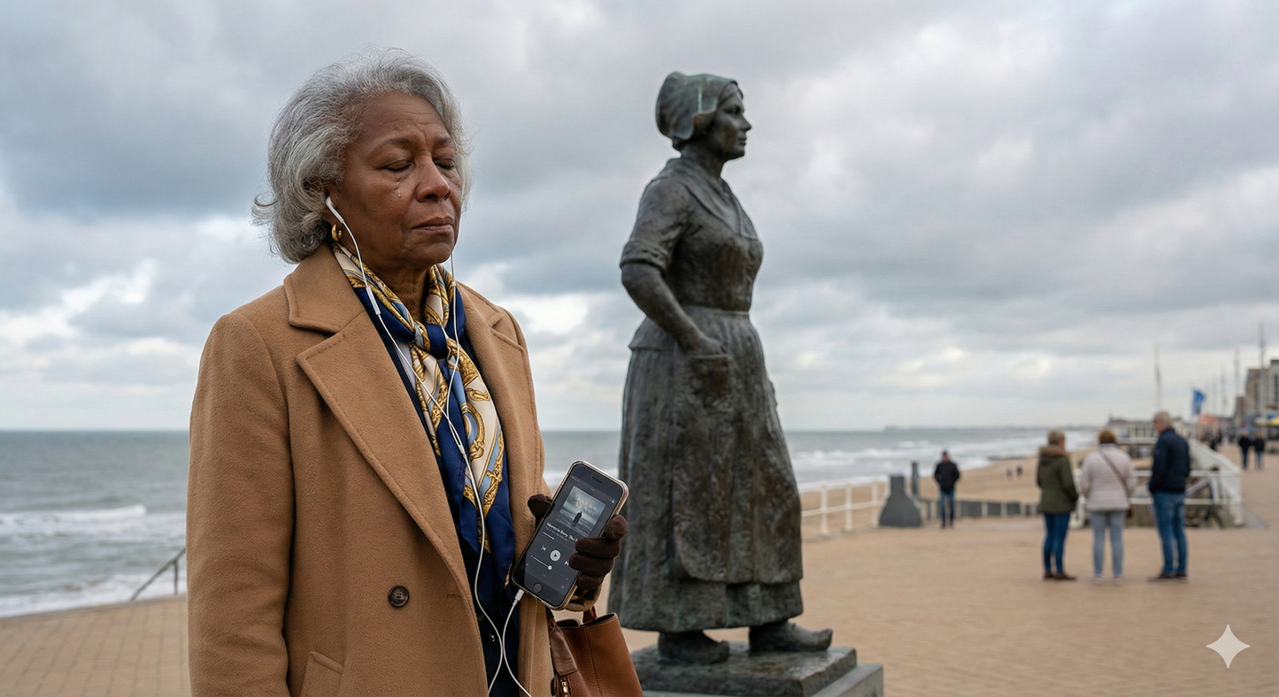 Self-guided audio tour of The Hague featuring a fisherman statue, produced by Uvamai Niche Tourism.