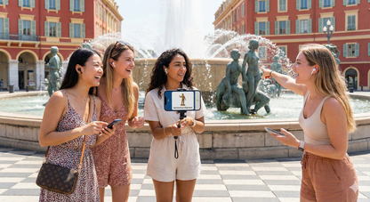 Self-guided audio tour by Uvamai Niche Tourism featuring a sunny fountain with water and sculptures at a historic site.